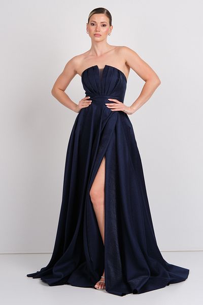 Hvit Vera Women's Strapless Back Cross Tie Maxi Length Evening Dress 5703 Navy Blue