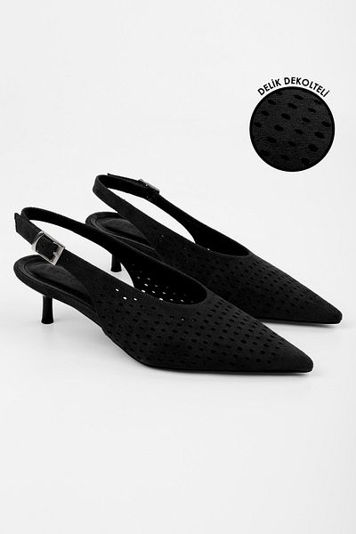 Shoeberry Women's Rilou Black Suede Perforated Low-Cut Stiletto