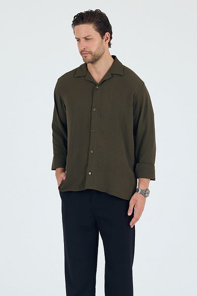Trn JNS Berlin Khaki Summer Aerobin Linen Textured Comfortable Fit Oversize Men's Shirt