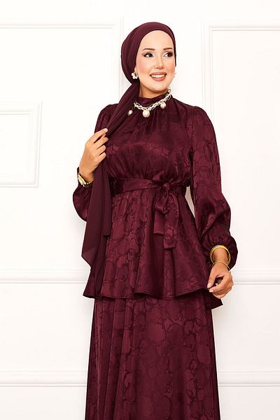 EBRUTESETTÜR Beli Gathered Mobile Belted Jacquard Skirt Suit