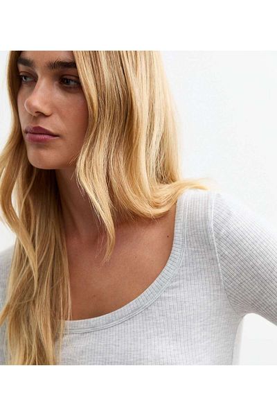 Rooted Women's Gray Melange Long Sleeve, Deep Pool Neck Blouse, Ribbed Camisole Fabric