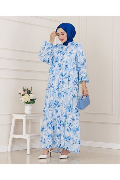 Yağmur Çiçek Desenli Yarım Pat Düğmeli Kadın Yazlık Elbise