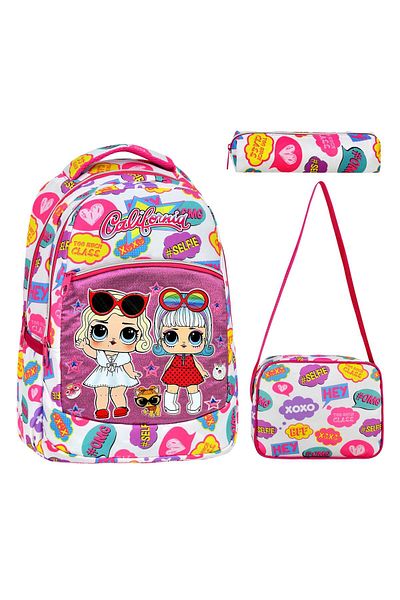 Çanta Trend Set școală din 3 piese, ghiozdan pentru școală primară cu model alb + cutie de prânz + suport pentru stilou