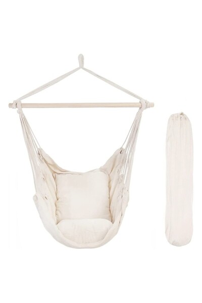 PROCART Hammock chair, 100x130 cm, 2 pillows, wooden bar, beige cotton