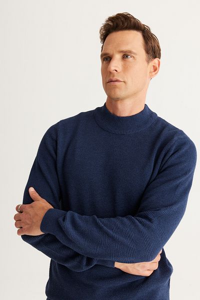 AC&Co / Altınyıldız Classics Men's Indigo Standard Fit Regular Cut Half Turtleneck Cotton Jacquard Knitwear Sweater