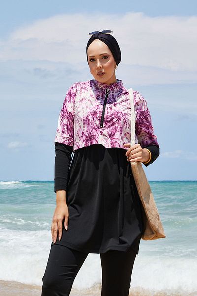 EBRUTESETTÜR Half Zipper Palm Pattern Hijab Swimsuit