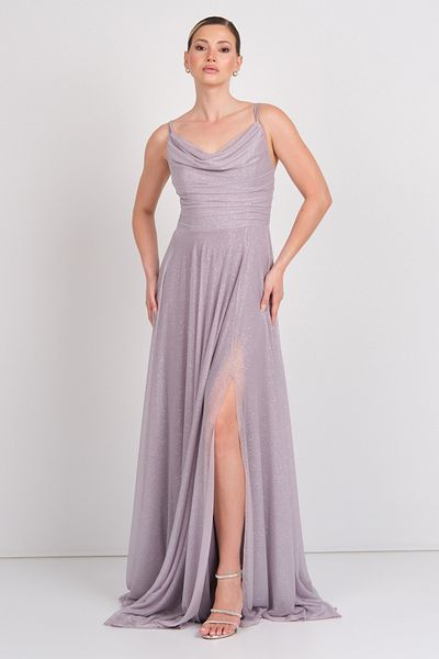 DORİDORCA Rochie de seară maxi cu guler Degaje pentru damă 6148 Mink