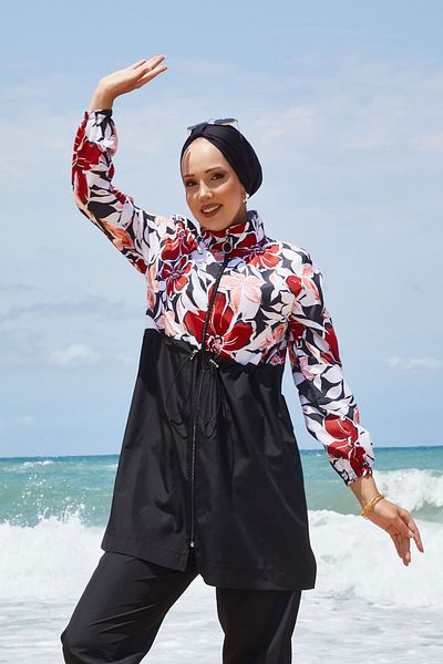EBRUTESETTÜR Drawstring Waist Floral Pattern Hijab Swimsuit