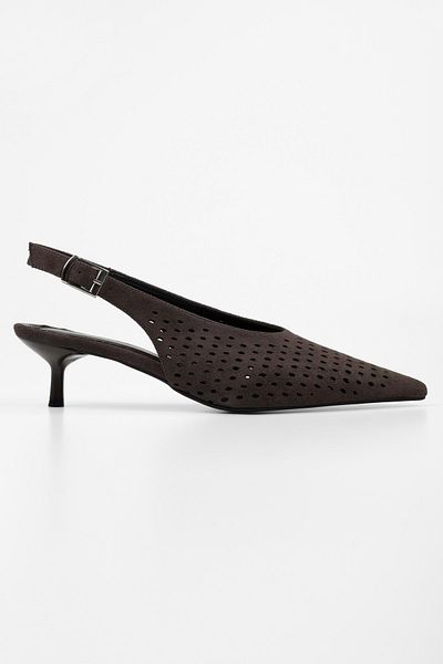 Shoeberry Women's Rilou Bitter Brown Suede Perforated Low-Cut Stiletto