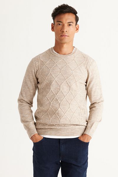AC&Co / Altınyıldız Classics Men's Beige Melange Standard Fit Regular Cut Crew Neck Ruffled Soft Textured Knitwear Sweater