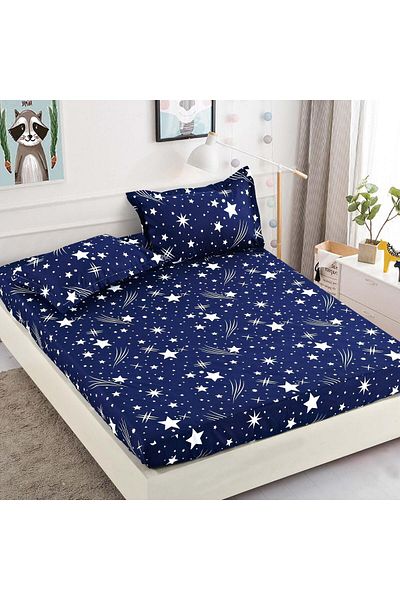 trendyhome Single Bed Cover with Elastic, Fine Cotton, 90 x 200 cm, Stars, Blue, J23436