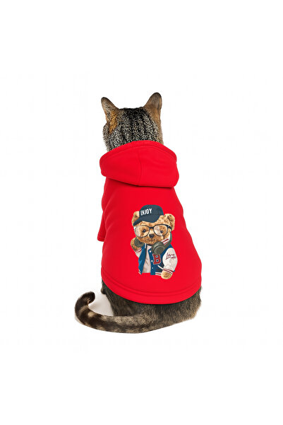 Buddy Store سويت شيرت بقلنسوة باللون الأحمر من Cat Outfit Enjoy مقاس M