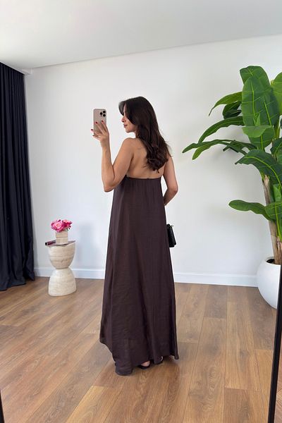 BİRCANÇİL Vinnie Bitter Brown Neck Tie Detailed Lined Dress