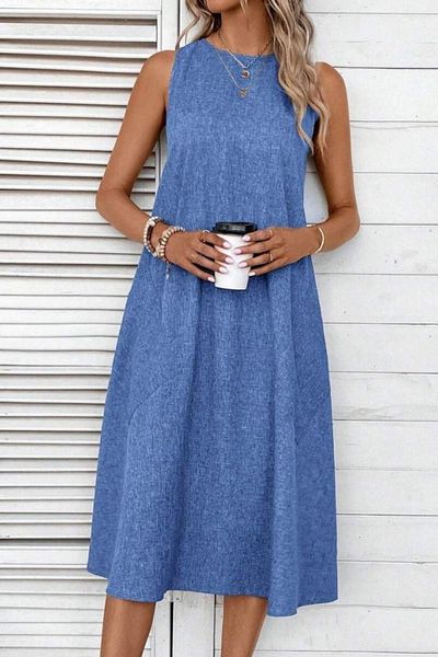 Mossta Sleeveless Round Neck Midi Linen Dress - Blue