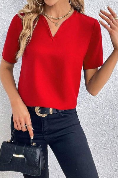 Mossta Short Sleeve V-Neck Basic Blouse - Red