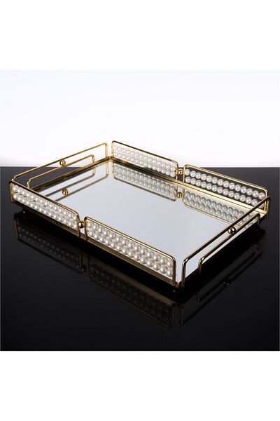 Hinora Δίσκος Ορθογώνιος Καθρέφτης με Πέρλες 40x27x6cm