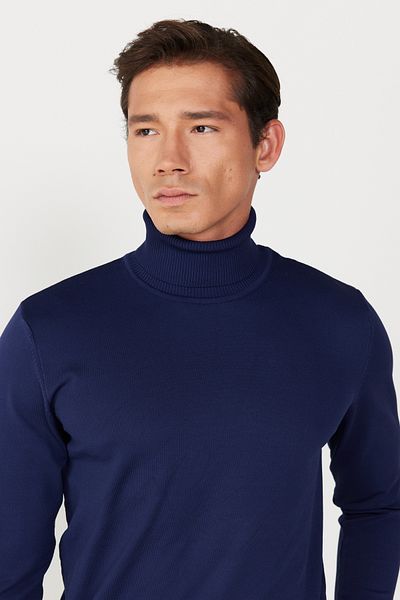 AC&Co / Altınyıldız Classics Men's Navy Blue Standard Fit Regular Cut Full Turtleneck Soft Textured Basic Knitwear Sweater