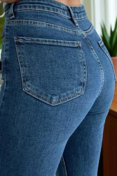 byhaziran butik Beatrice Medium Blue Spanish Leg High Waist Lycra Women's Jeans