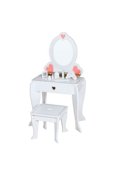 PROCART Set de toaletă pentru fete, oglindă și scaun din lemn, 5 accesorii pentru păr și machiaj