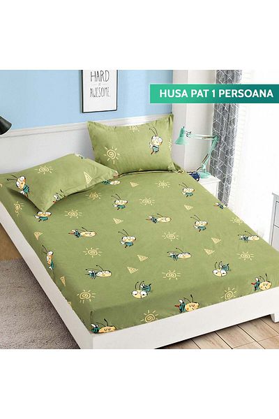 trendyhome Single Bed Cover with Elastic, Fine Cotton, 90 x 200 cm, Bees, Green, J9807
