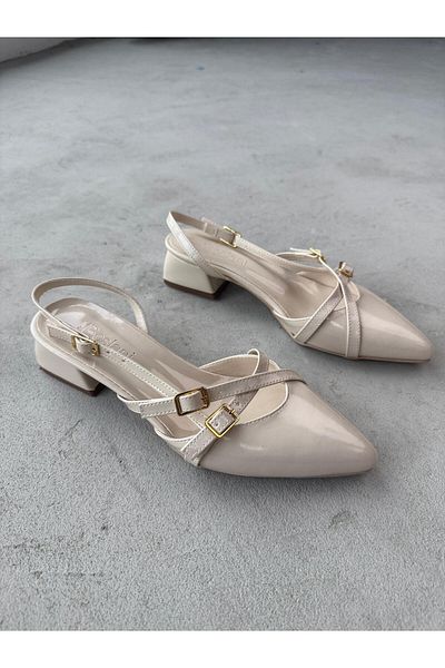 Cappmoda Ayk-027 Cream Color Patent Leather Belt Detail Ankle Tied Short Heeled Shoes