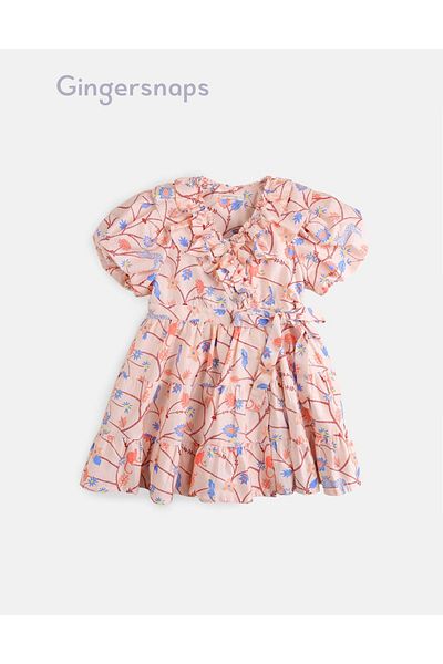 Gingersnaps Girls' Floral Short-Sleeve Waist-Defined Dress with Cut-Out