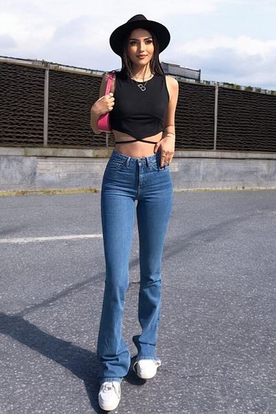 byhaziran butik Stevi Medium Blue Spanish Leg High Waist Lycra Women's Jeans