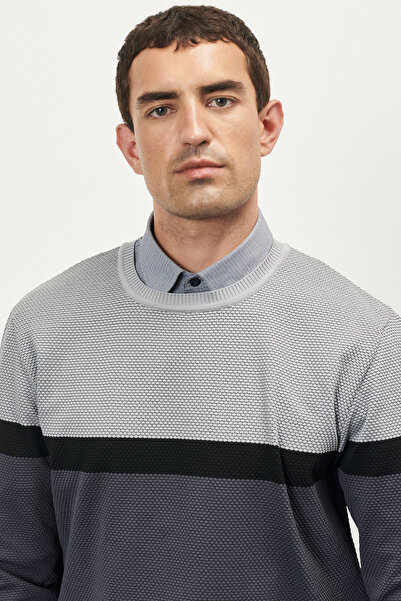 AC&Co / Altınyıldız Classics Erkek Gri-siyah Standart Fit Normal Kesim Bisiklet Yaka Petek Dokulu Kışlık Triko Kazak