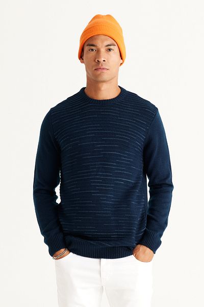 AC&Co / Altınyıldız Classics Men's Navy Blue-Indigo Standard Fit Regular Cut Crew Neck Patterned Sweater