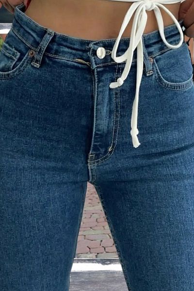 byhaziran butik Nathalia Women's High Waist Medium Blue Denim Flare Jeans