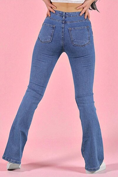 byhaziran butik Marine Medium Blue Fadeless Lycra Ψηλόμεσο Ισπανικό Τζιν παντελόνι