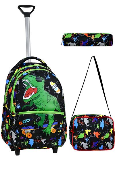 Çanta Trend Set școlar din 3 piese cu racletă, geantă pentru școală primară cu model de dinozaur + cutie de prânz + suport stilou