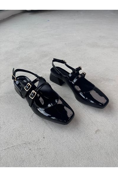 Cappmoda Ayk-026 Black Patent Leather Double Tape Blunt Toe Short Heeled Shoes