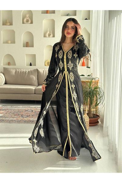 leevan fashion جلابية راقية بتطريز ذهبي