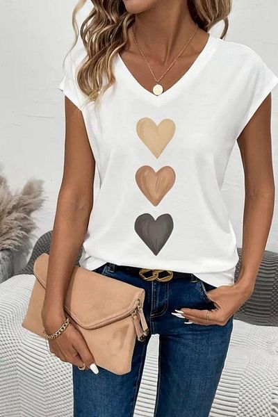 Mossta V-Neck Heart Printed Viscose Blouse - White
