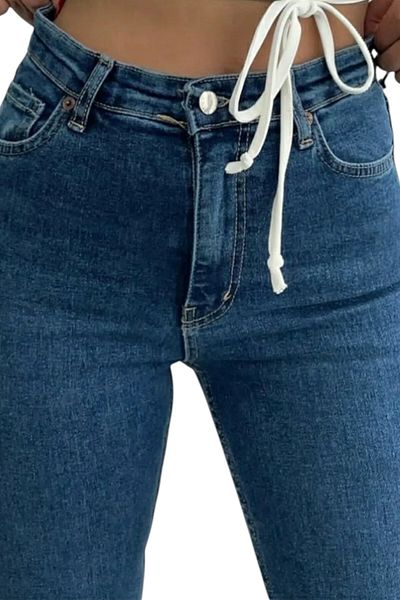 byhaziran butik Angeliqua Women's Medium Blue High Waist Stretchy Denim Fabric Flare Jeans