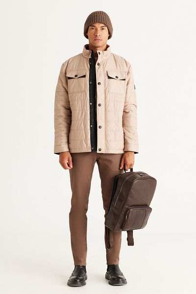 AC&Co / Altınyıldız Classics Men's Beige Standard Fit Regular Cut Stand Collar Coat