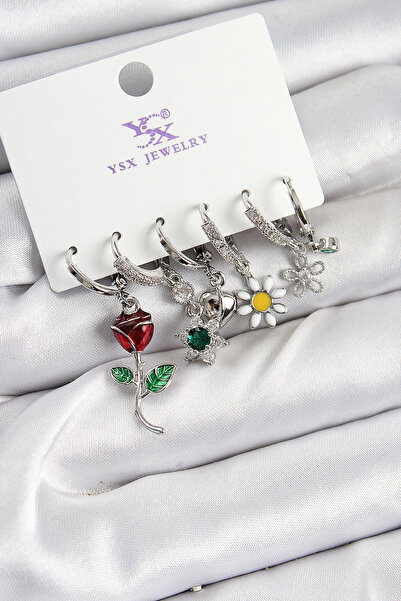 Epilons Brass Zircon Stone Rose and Daisy Model Silver Color 3-Piece Double W...