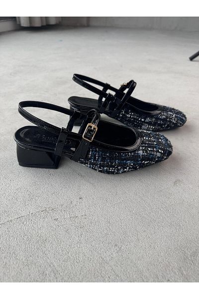 Cappmoda Ayk-022 Black Blue Embroidered Linen Fabric Single Strap Short Heeled Shoes