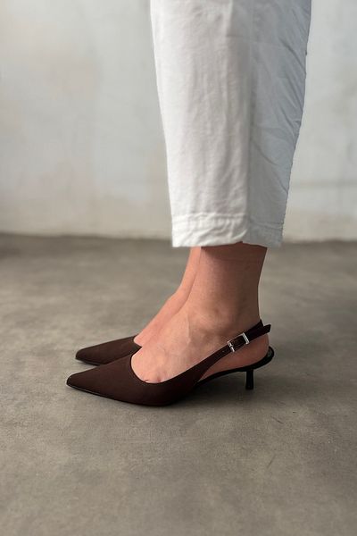 SHOEBELLAS Дамски високи токчета Meanj Bitter Brown Saten