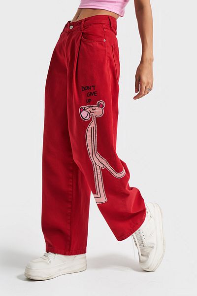 its basic Women's Red Color 6S5-19 Wide Pleat Leg Relaxed Fit Panther Embroidered Design Denim Jean