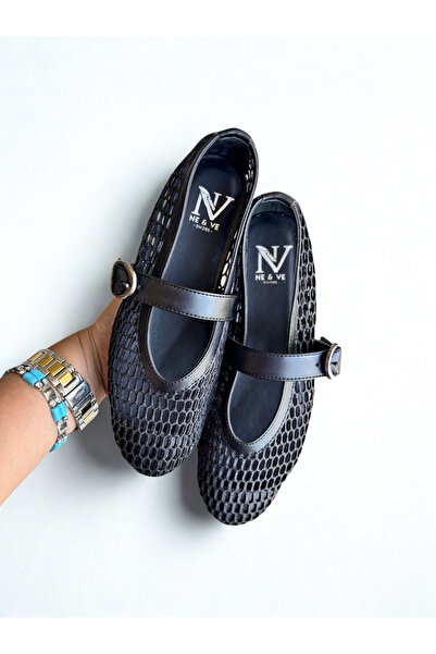 NE&VE SHOES Siyah File Simli Tokalı Yuvarlak Burunlu Kadın Günlük Rahat ve Şı...