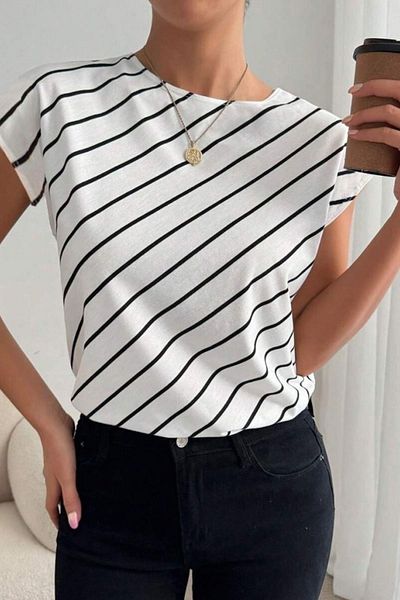 Mossta Crew Neck Striped Atlas Blouse - White