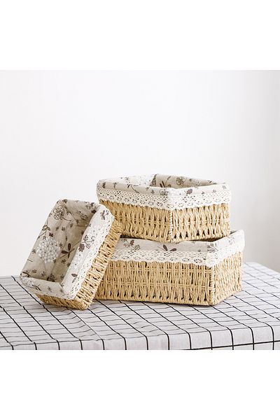 Cozy Nest مجموعة من 3 سلال تخزين منسوجة يدويًا مستطيلة متينة مع بطانة قماشية قابلة للإزالة
