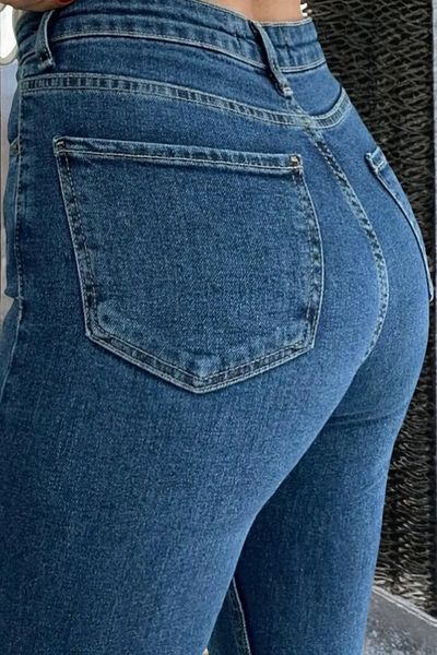 byhaziran butik Pelun Women's Medium Blue Lycra High Waist Spanish Leg Jeans