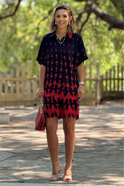 Nevin Kaya Moda Shorts Shirt Set - Navy Blue Fish Pattern