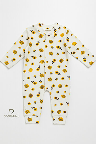 BABYDEN'S Sunflower & Bee Patterned 100% Cotton Ribbed Textured Snap Fastener Long Sleeve Baby Romper Ribbed Romper