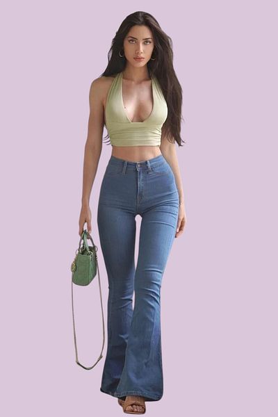 byhaziran butik Florence Women's High Waist Medium Blue Denim Flare Jeans