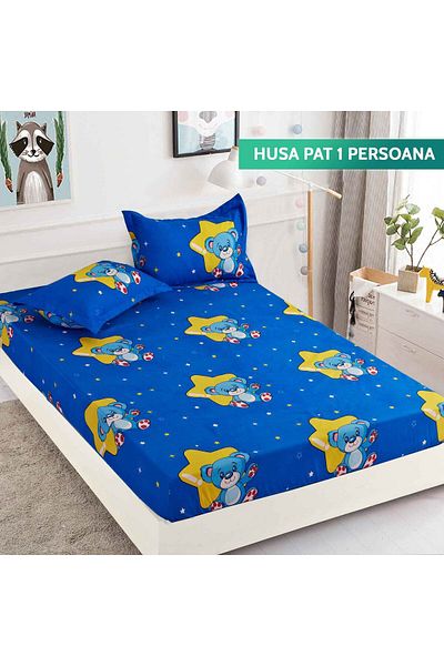 trendyhome Husă de pat single cu elastic, bumbac fin, 90 x 200 cm, ursuleț de pluș, albastru/galben, J9839