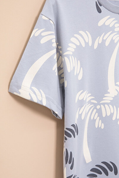 Cansın Mini Gray Palm Patterned Boys' Crew Neck T-Shirt with Written Pocket 20930